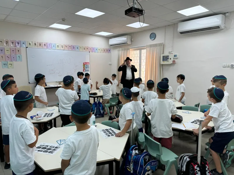 תלמידים בחולצות לבנות עומדים ליד השולחנות בכיתה, המורה מלמד ליד הלוח